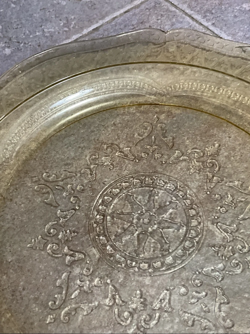 Rare yellow depression glass dinner plate.- Elegant Table Accent